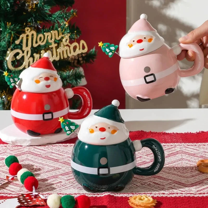 European Ceramic Christmas Santa Claus Mug Cartoon Ceramic Breakfast Milk Mug with Lid Afternoon Tea Floral Tea Coffee Cup Gift