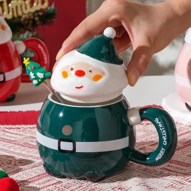 European Ceramic Christmas Santa Claus Mug Cartoon Ceramic Breakfast Milk Mug with Lid Afternoon Tea Floral Tea Coffee Cup Gift