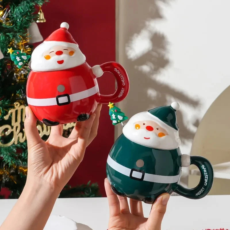 European Ceramic Christmas Santa Claus Mug Cartoon Ceramic Breakfast Milk Mug with Lid Afternoon Tea Floral Tea Coffee Cup Gift