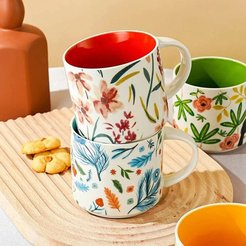 JUSTINLAU Ceramic Mug Cartoon Ice Cream Bear Flower Bird Water Cup Portable Breakfast Coffee Milk Oat Cups Home Office Drinkware